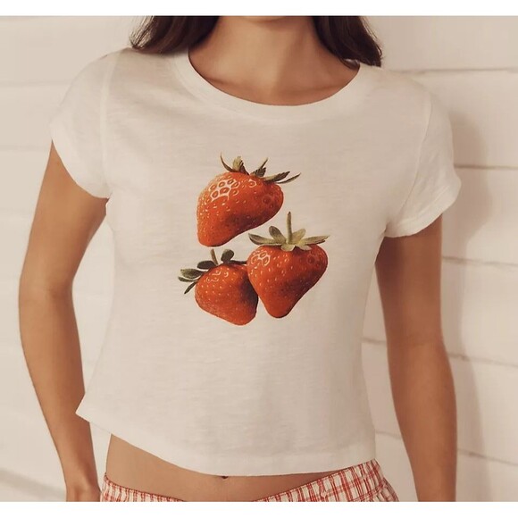 Anthropologie Tops - By Anthropologie Graphic Baby Tee Blouse Top Strawberry Cotton White XL 286483